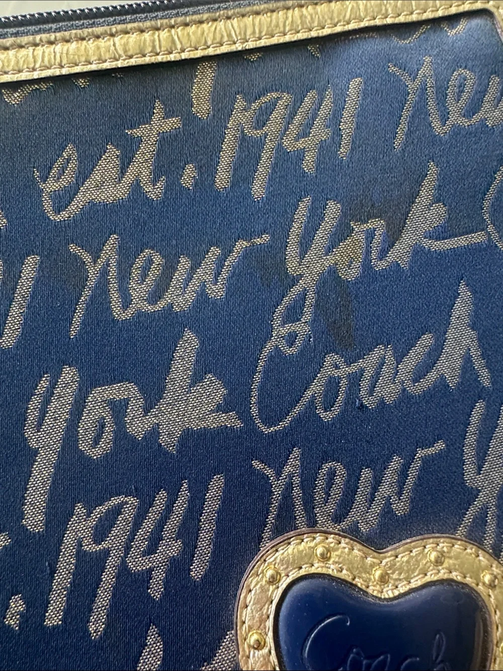Coach Navy Script Signature padded clutch or iPad bag with Gold Heart Trim